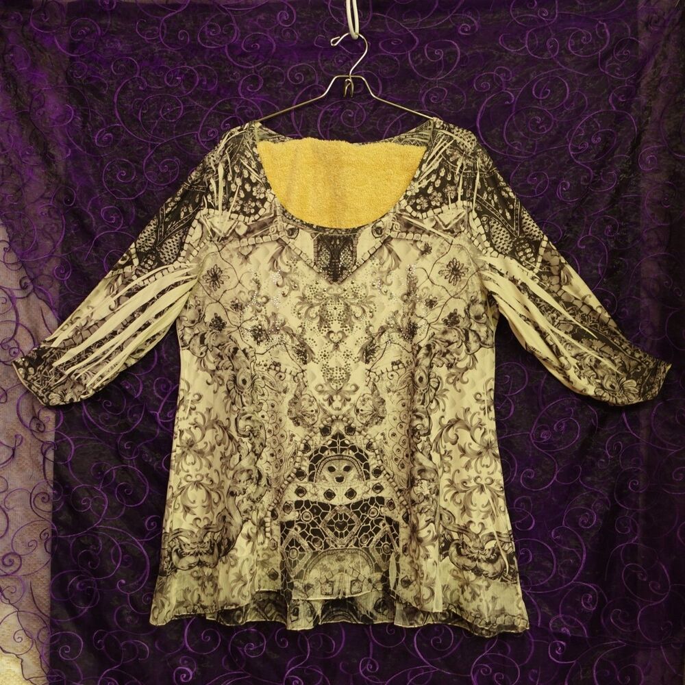 Style & Co. Womens XL Black White Streetwear Screenprint Lace Design 3/4 Sleeves